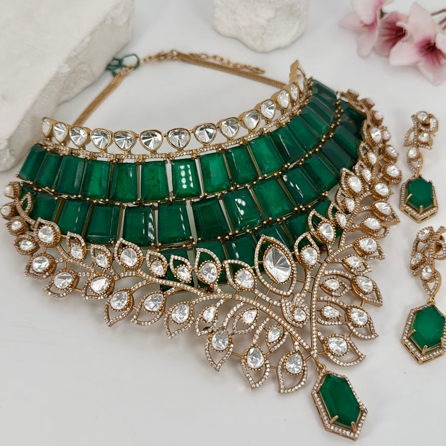 Green Doublet & Moissanite Celebrity Inspired Statement Necklace Set