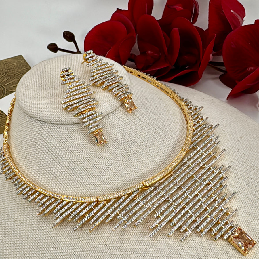 Champagne AAA Cut Cubic Zirconia 24 Carat Gold Plated Chic Necklace Set