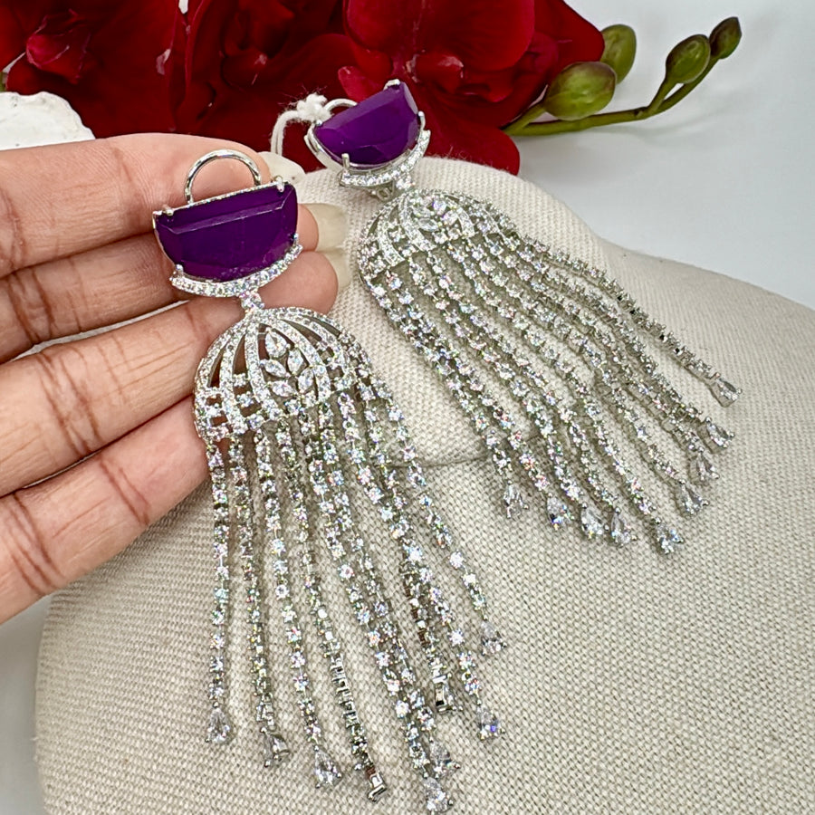 Purple AAA Cut Cubic Zirconia Rhodium Plated Lightweight Cocktail Earrings
