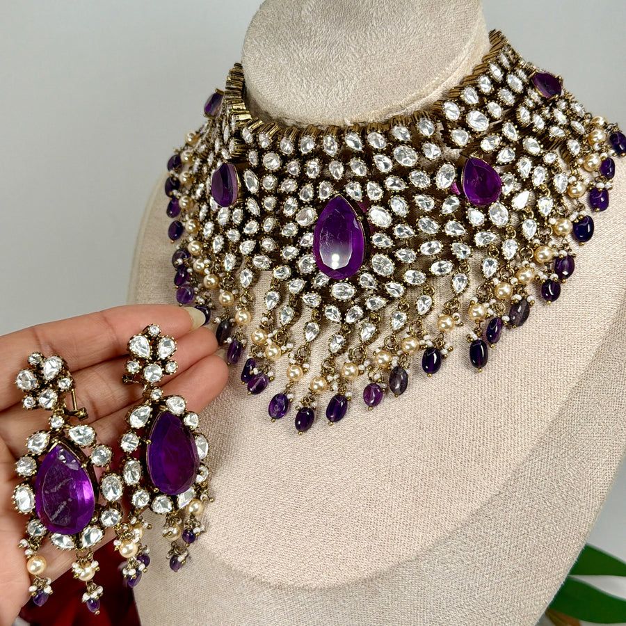 Purple Moissanite Statement Necklace Set