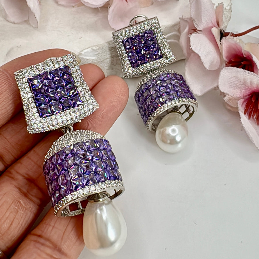 Purple American Diamonds CZs Invisible Setting With Pearl Earrings
