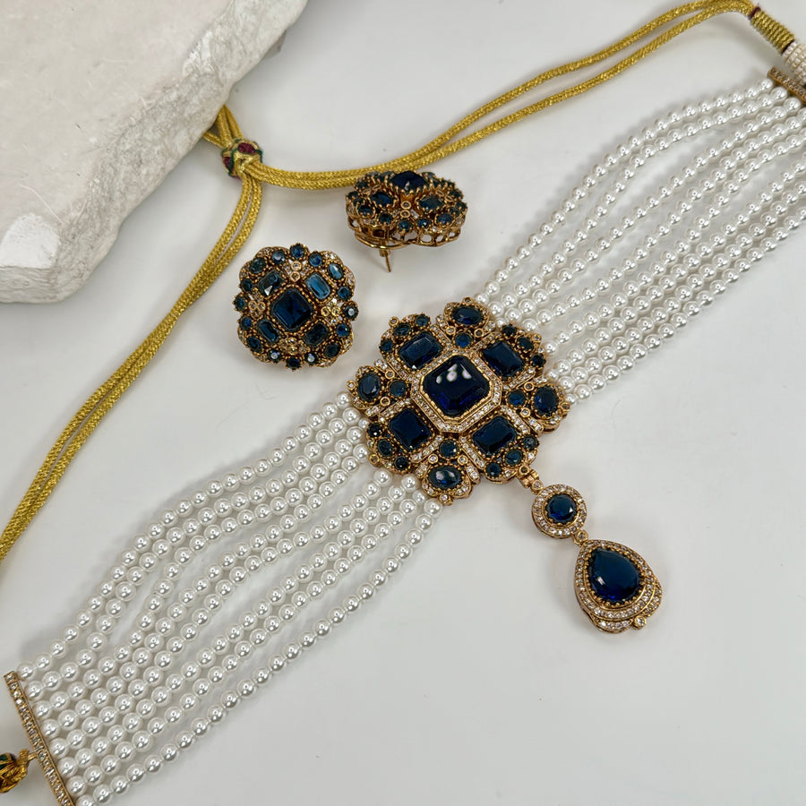 Blue Pearls Sabya Inspired Choker Necklace Set