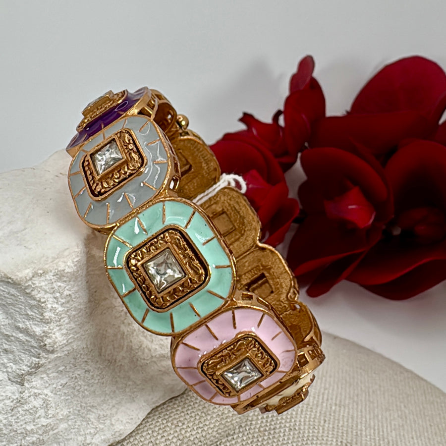 Pastal Multi Jadau Moissanite Openable Bangle( Fits Size 2.2 to 2.6)