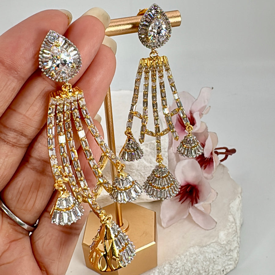 Clear Cubic Zirconia Baguette American Diamonds Setting Gold Plated Earrings