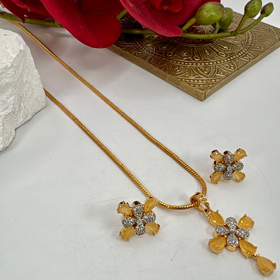 Yellow AAA Cut Cubic Zirconia 24 Carat Gold Plated Pendant Necklace Set