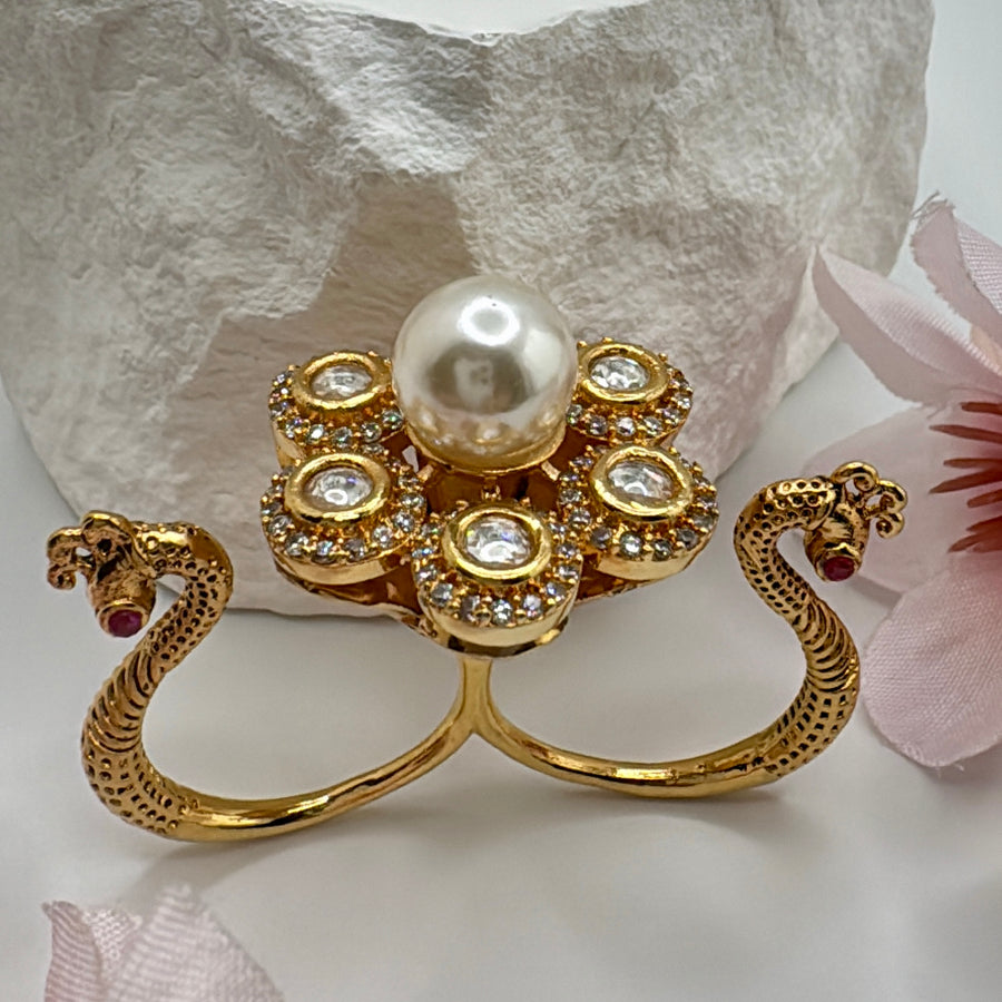 Clear Pearl Two Finger Kundan Adjustable Finger Ring