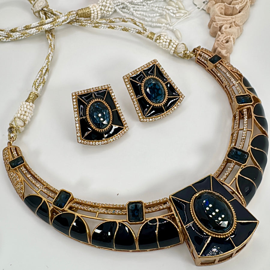 Blue Enamel Meenakari Silver Lookalike Gold Hasli Necklace Set