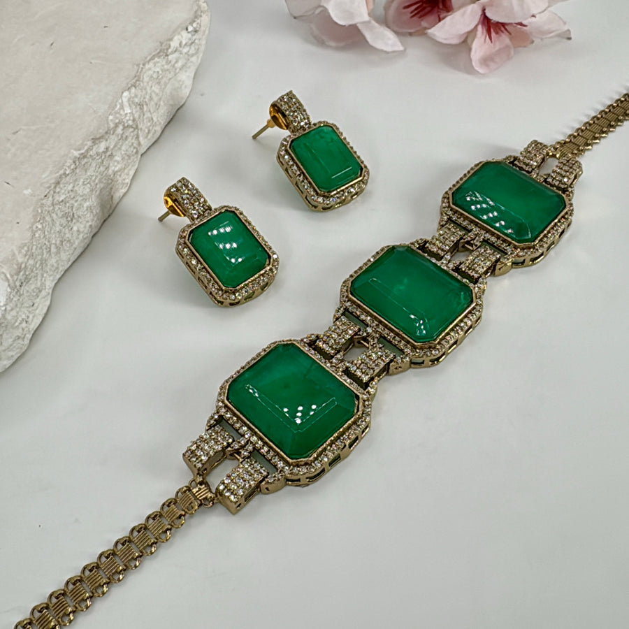 Green Doublet & Cubic Zirconia American Diamonds Necklace Set