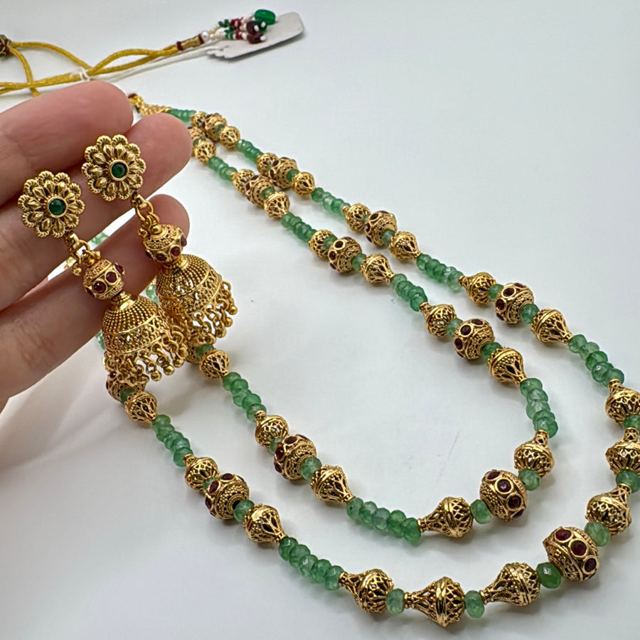 Mint Green & Gold Beads Two Layers Matar Mala Necklace Set