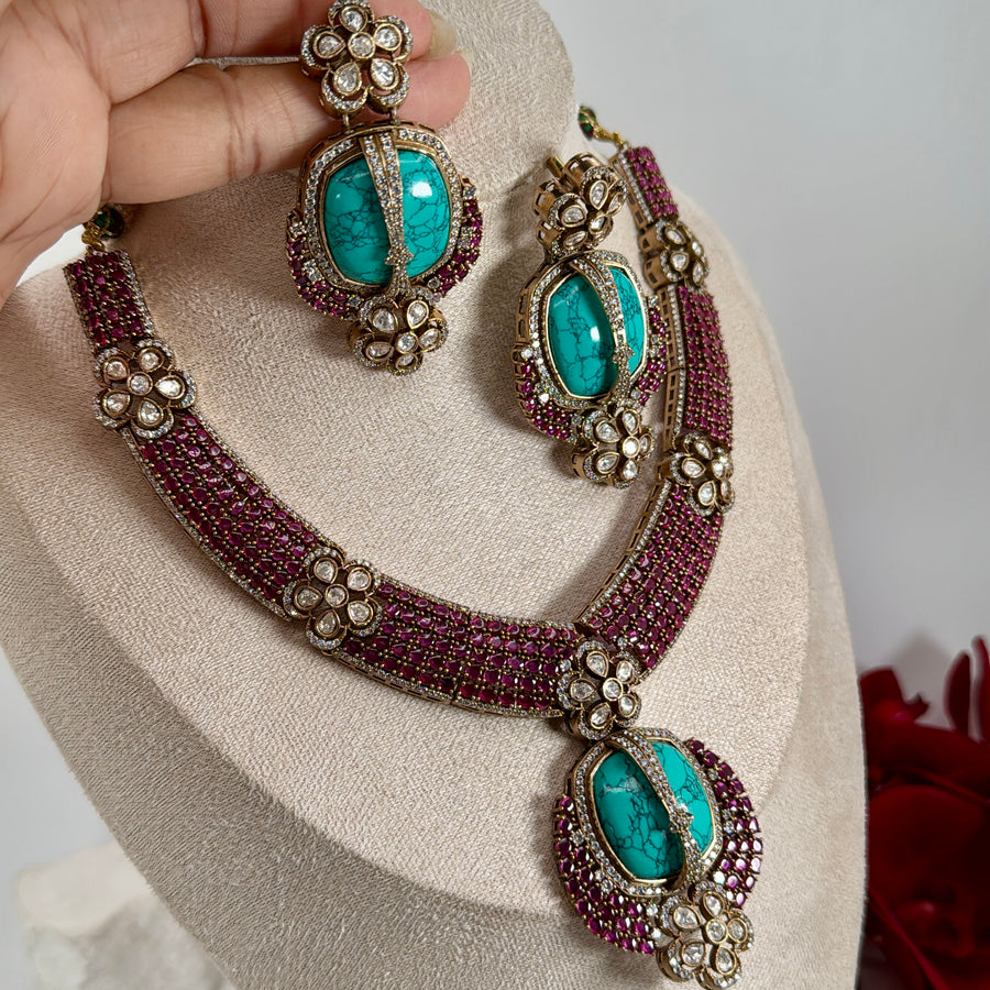 Ruby Turquoise Invisible Setting Necklace Set