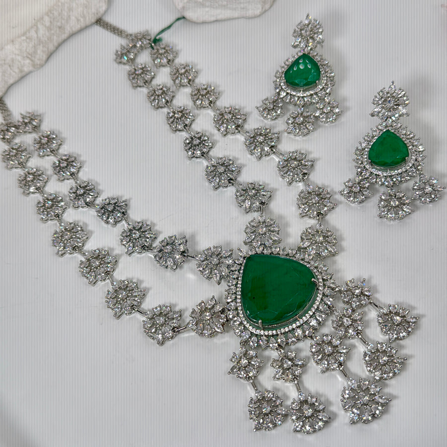 Green Doublet American Diamonds Two Layers Necklace Set