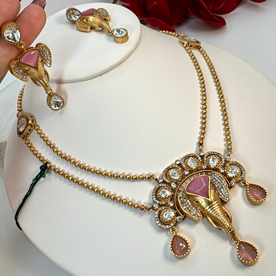 Pink Moissanite Ganesha Necklace Set