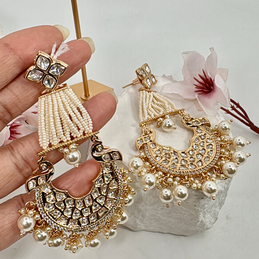 Clear Pearls & Polki Kundan Chand Bali Earrings