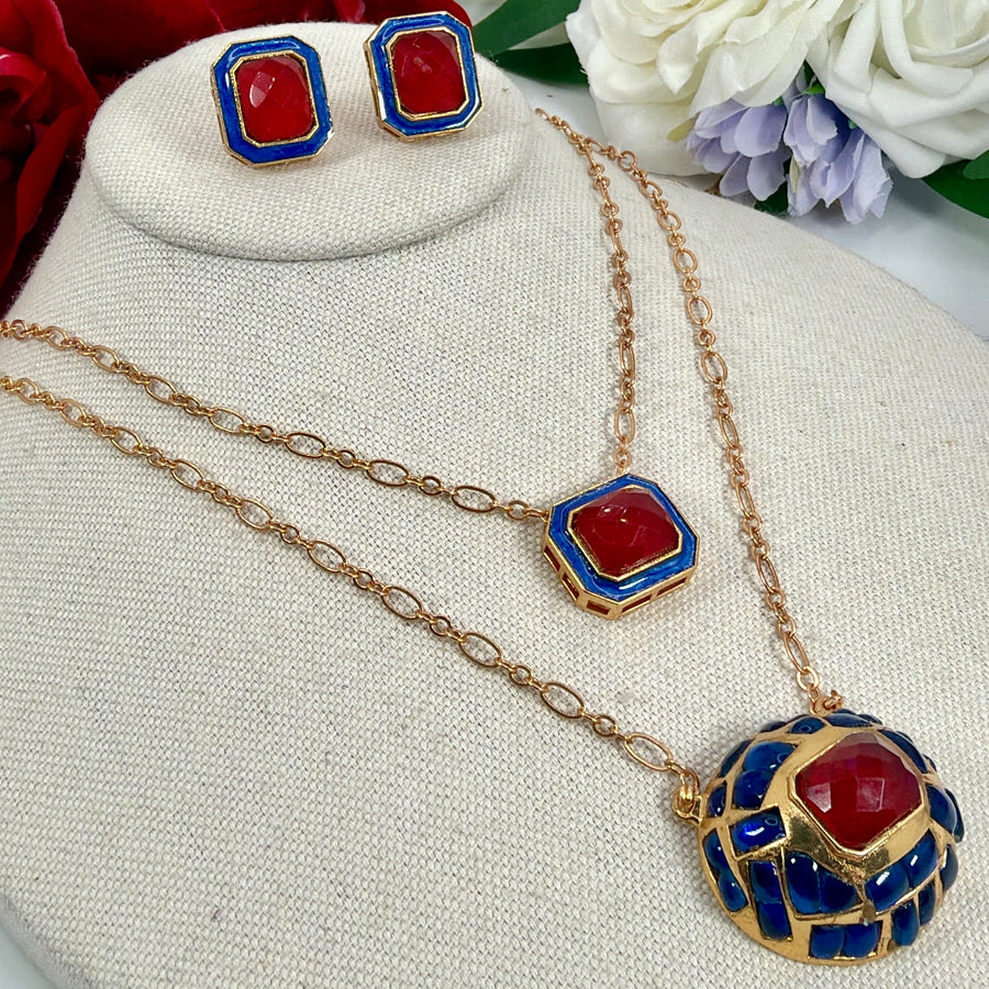 Ruby Blue Jadau Two Layer Pendant Necklace Set