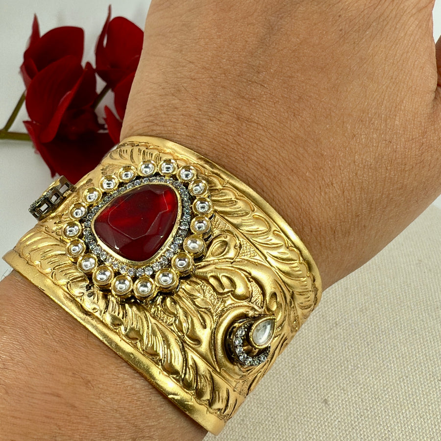 Ruby Silver Lookalike Kundan Gold Cuff Bangle(One Size Fits All)