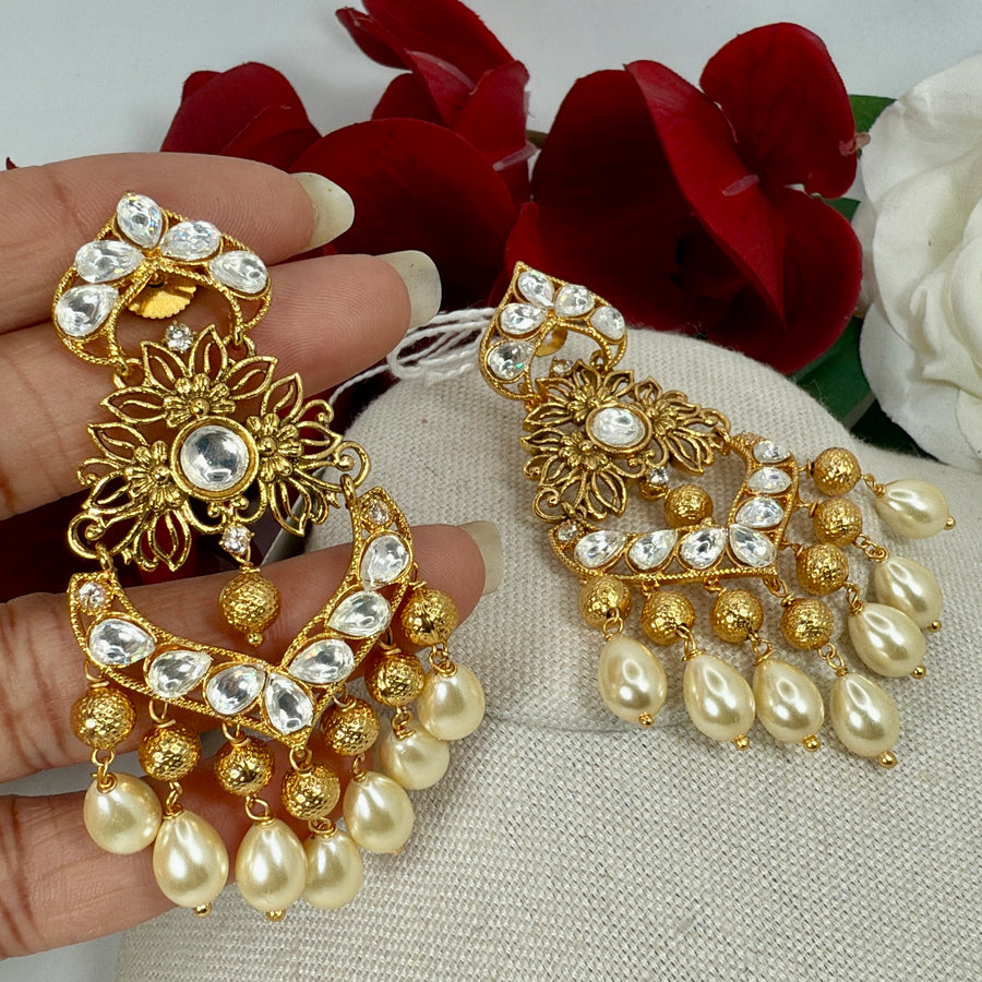 Clear Pearl Chand Bali Earrings