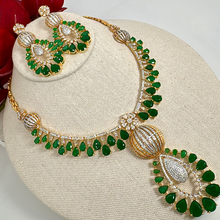 Green AAA Cut Cubic Zirconia 24 Gold Plated Dual Tone Necklace Set
