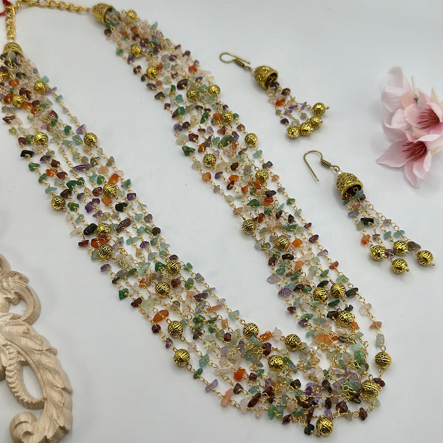 Multi Pearls & Gold Balls Long Necklace Set(K)