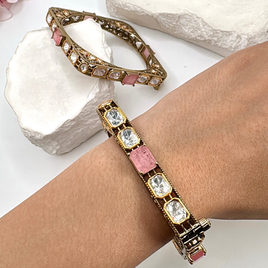 Pink Moissanite Square Openable Bangle Pair(Size 2.8)