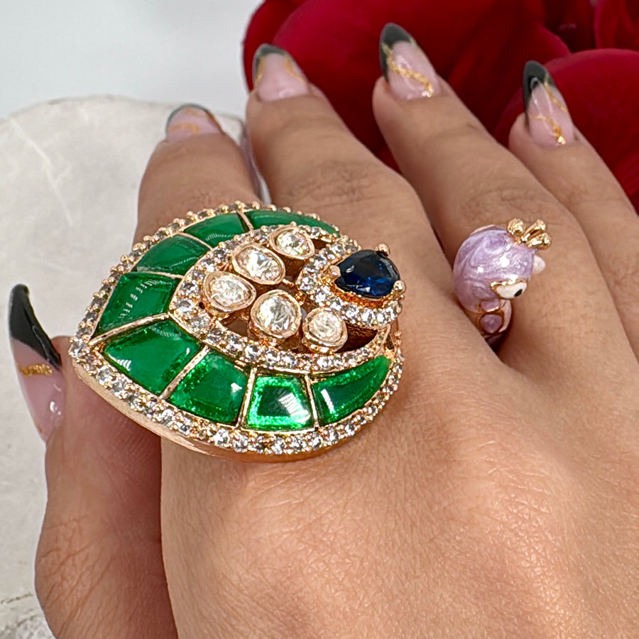 Green Jadau Moissanite Peacock Finger Ring