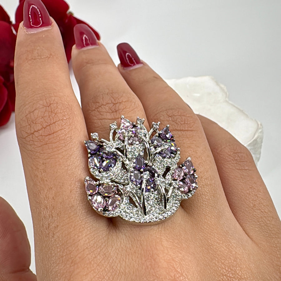 Pink & Lavender Purple Cubic Zirconia Adjustable Finger Ring