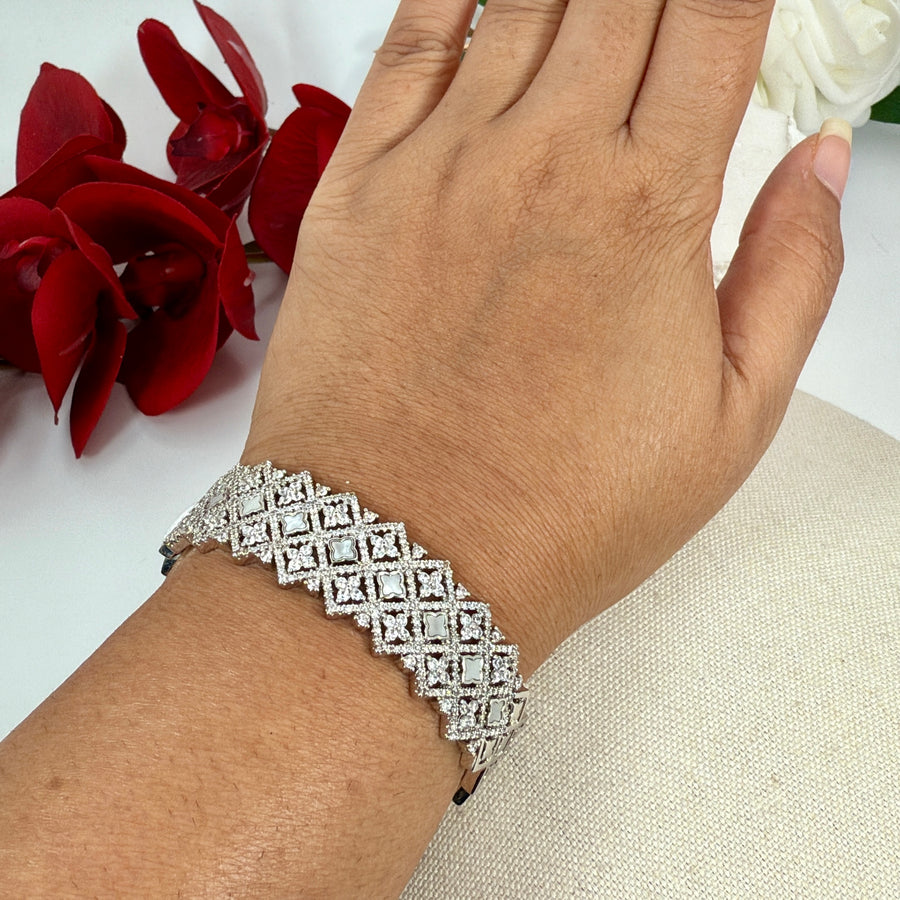 Clear Italian Cubic Zirconia & MOP Cuff Bangle(One Size Fits All)