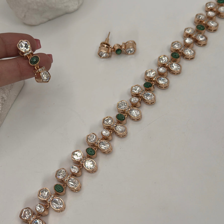Green Dainty Moissanite Polki Kundan Choker Necklace Set