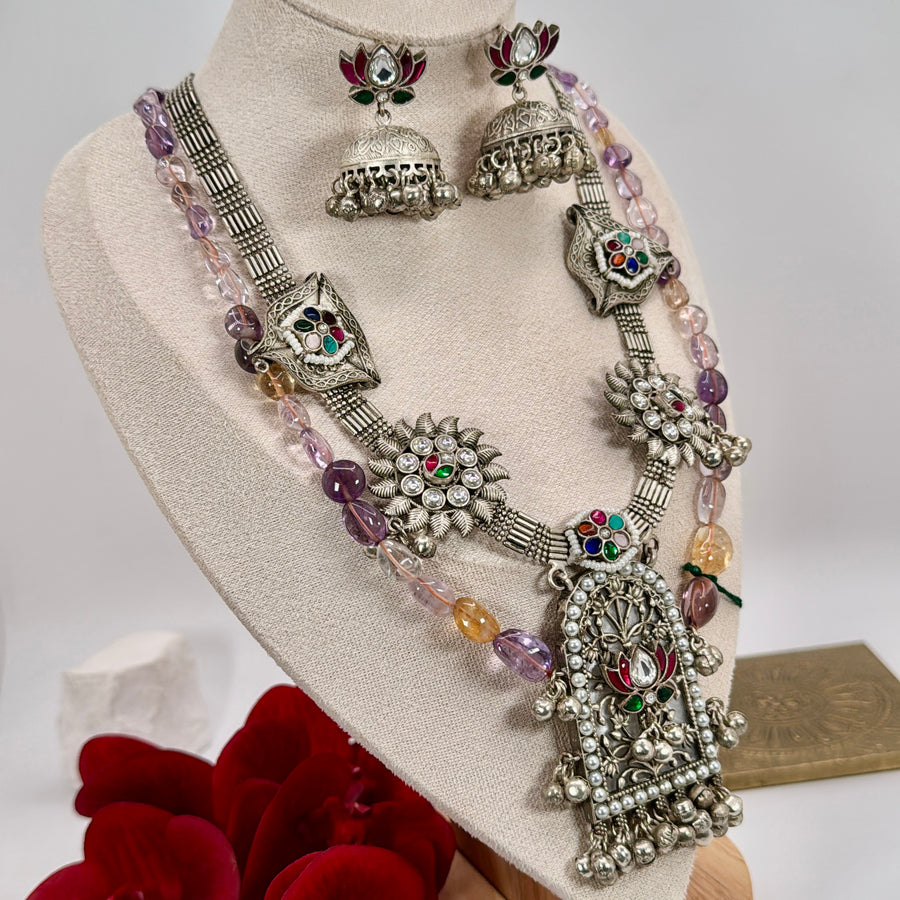Multi Piroi Silver Lookalike Long Necklace Set