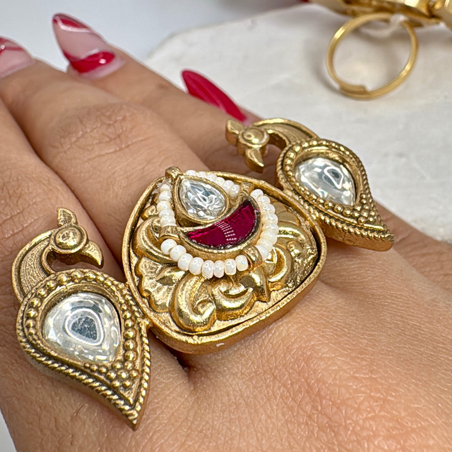 Clear Ruby Silver Lookalike Gold Adjustable Finger Ring
