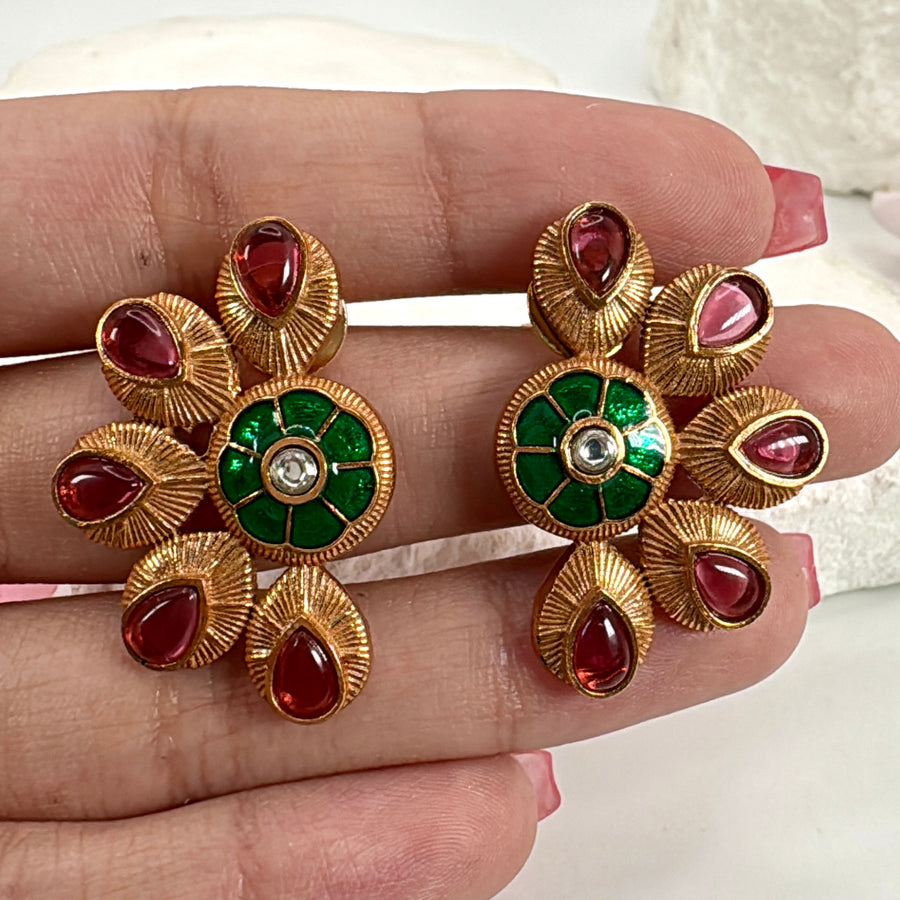 Ruby Green Antique Gold Apala Inspired Stud Earrings