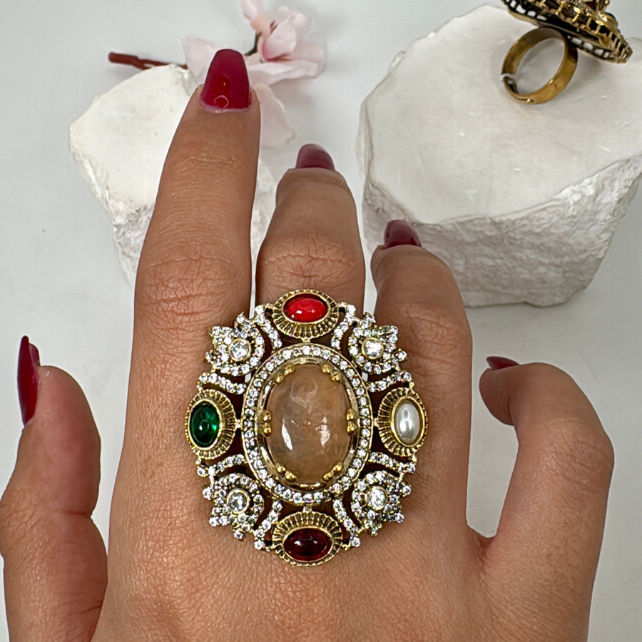 Peach Multi Marble Doublet Sabya Inspired Adjustable Finger Ring