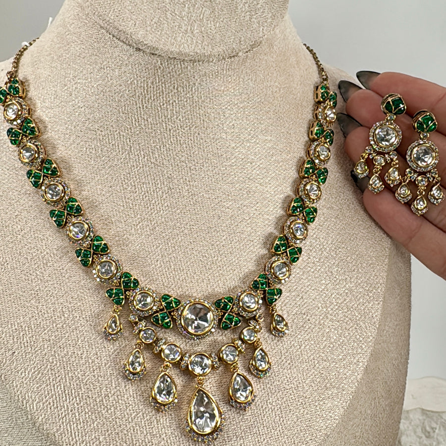 Green Jadau Polki Kundan DaintyNecklace Set
