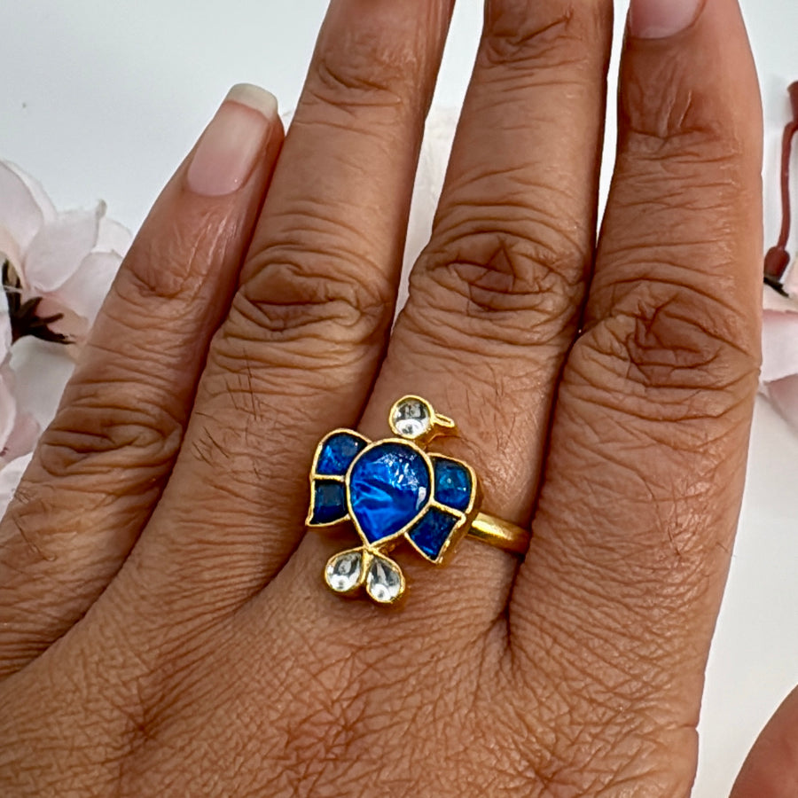 Blue Paachi Kundan Dainty Adjustable Finger Ring
