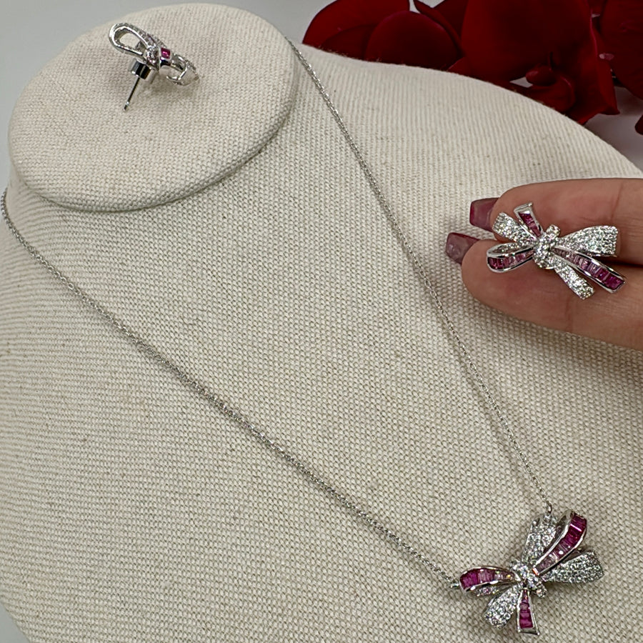 Ruby Italian Cubic Zirconia Bow Pendant Necklace Set