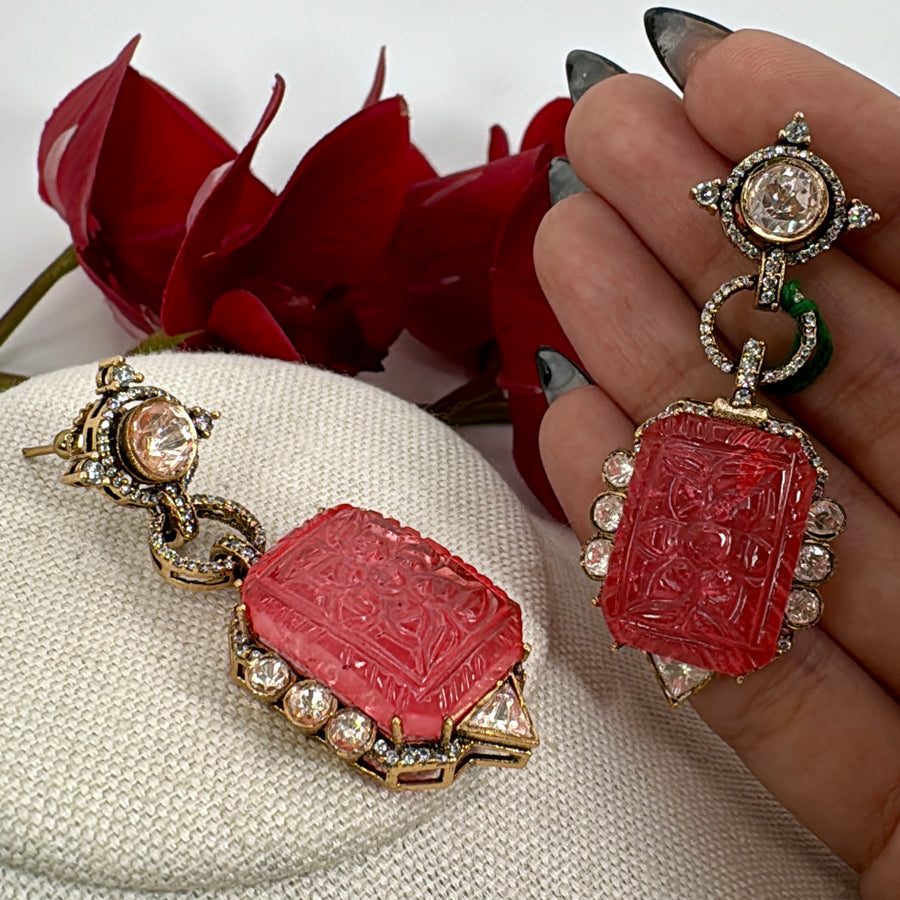 Peachy Pink Carved Doublet Moissanite Earrings