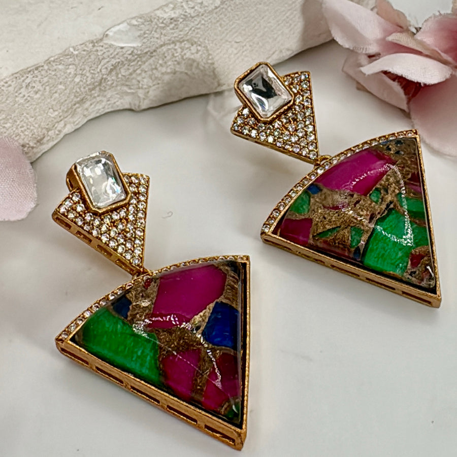 Multi Marble Stone/ Metallic Doublet & Moissanite Earrings