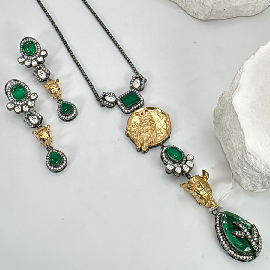 Green Sabya Inspired Long Pendant Necklace Set Victorian Finish