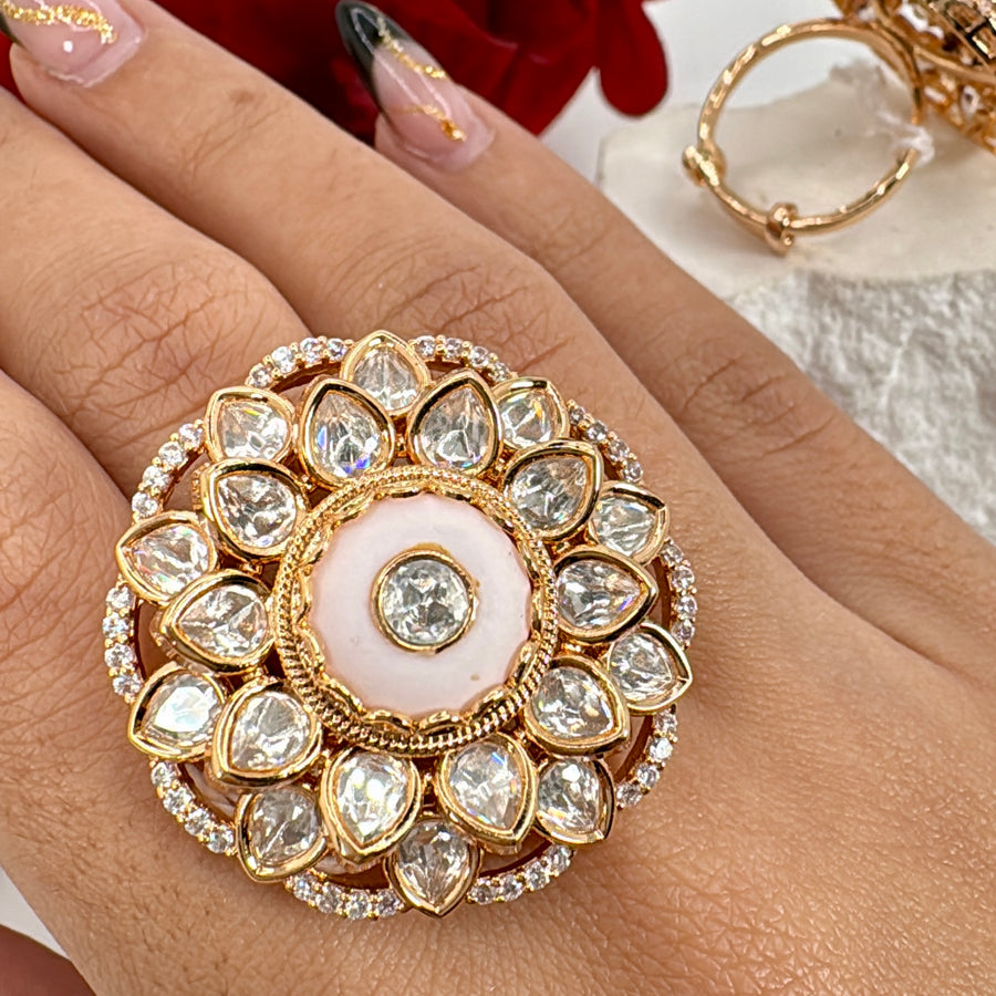 Pink Polki Kundan Adjustable Statement Finger Ring