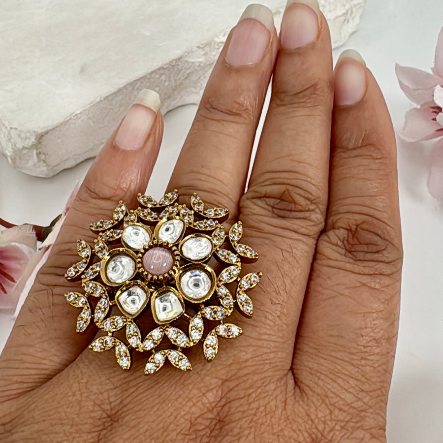Pink Moissanite Adjustable Finger Ring