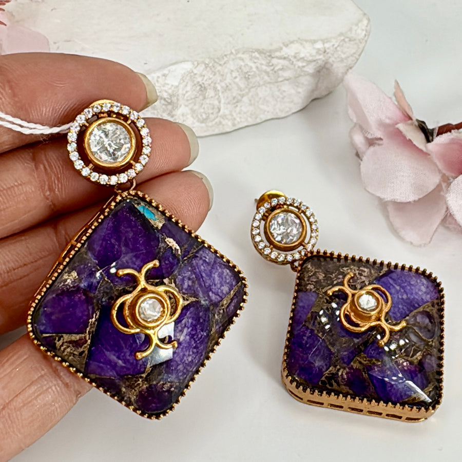 Purple Marble Stone Metallic Doublet Moissanite Earrings