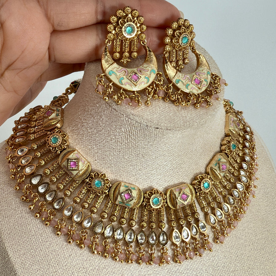 Multi Pastal Antique Gold Kundan Necklace Set