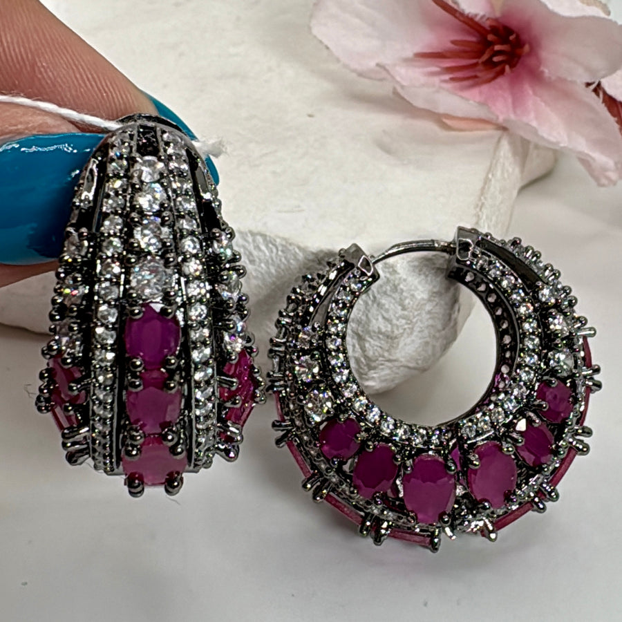 Ruby American Diamonds Cubic Zirconia Victorian Polish Hoop Earrings