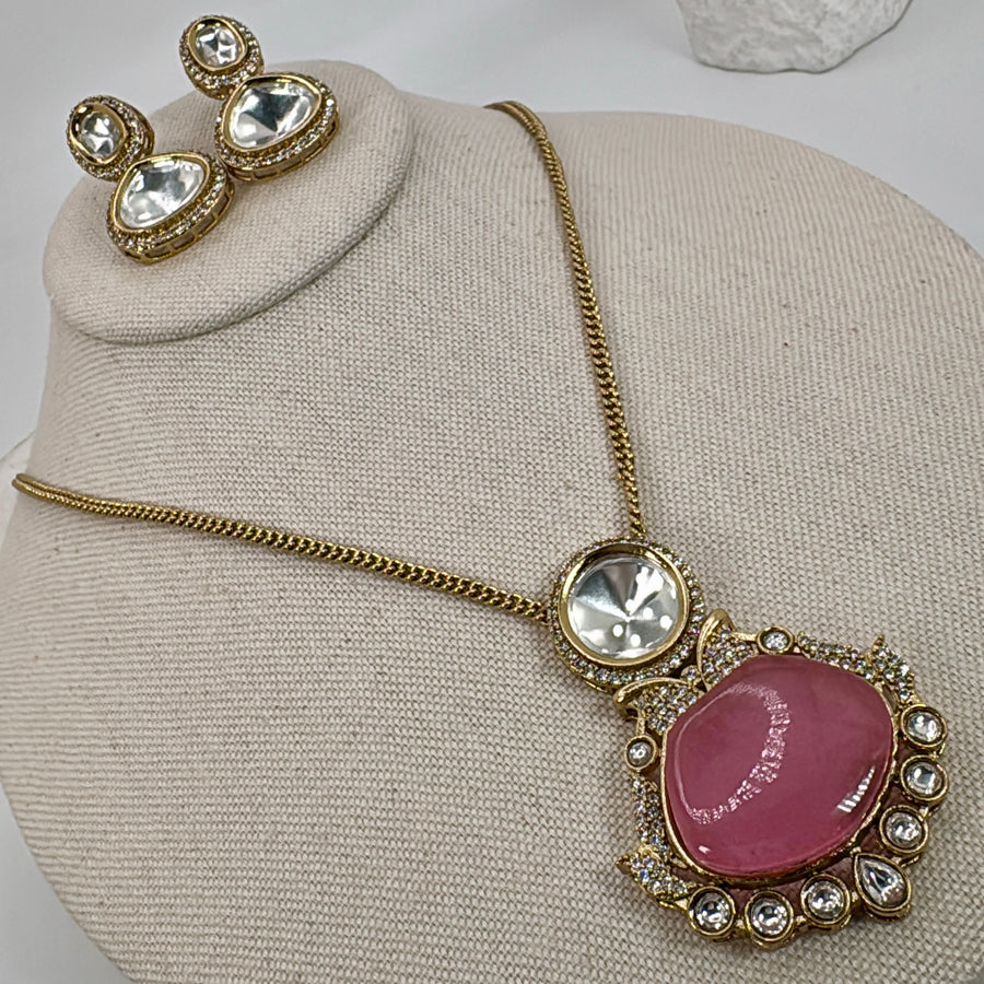 Hot Pink Doublet Moissanite Pendant Necklace Set
