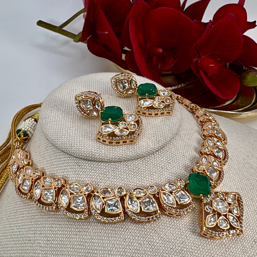 Green Doublet Dainty Polki Necklace Set