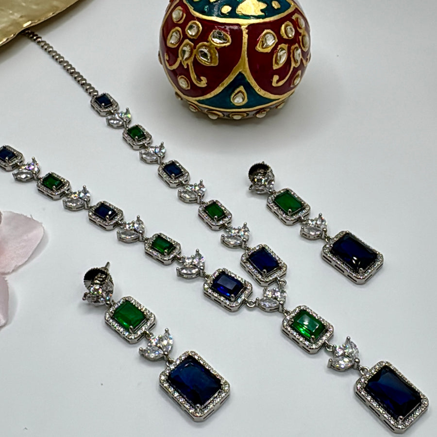Green & Blue American Diamonds Dainty Necklace Set