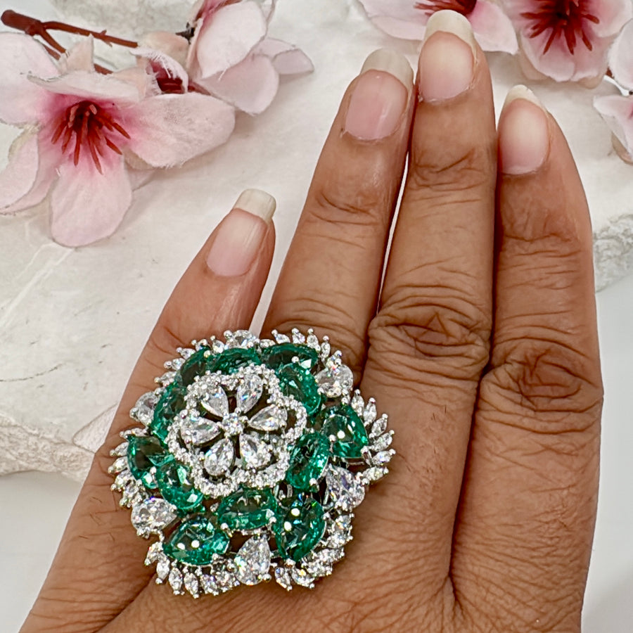 Teal Flower American Diamonds Cubic Zirconia Cocktail Adjustable Finger Ring