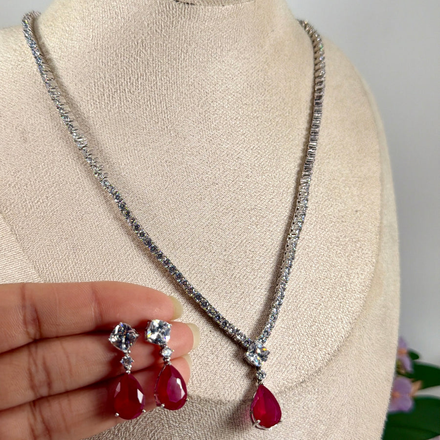 Ruby Cubic Zirconia Italian Dainty Necklace Set