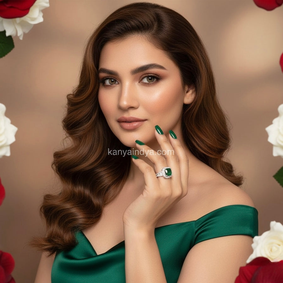 Green Italian AAA Cut American Diamonds Adjustable Finger Ring