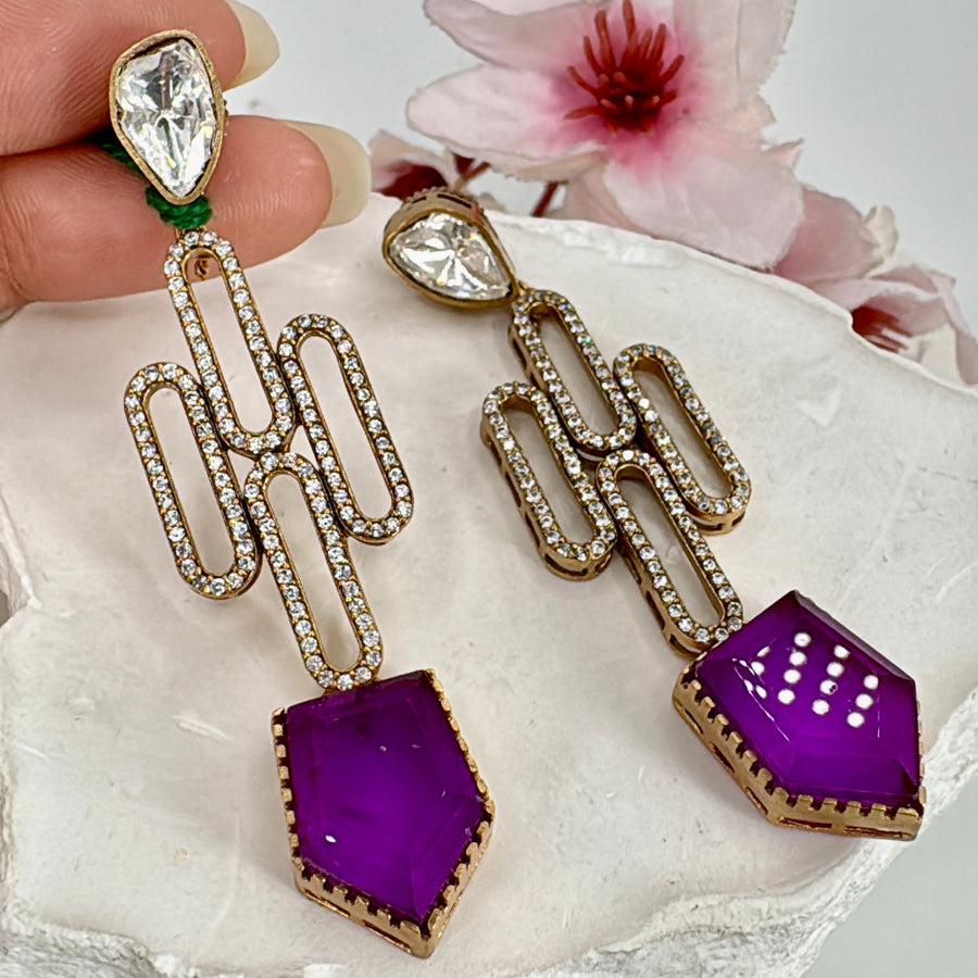 Purple Doublet Moissanite & American Diamonds Dainty Earrings