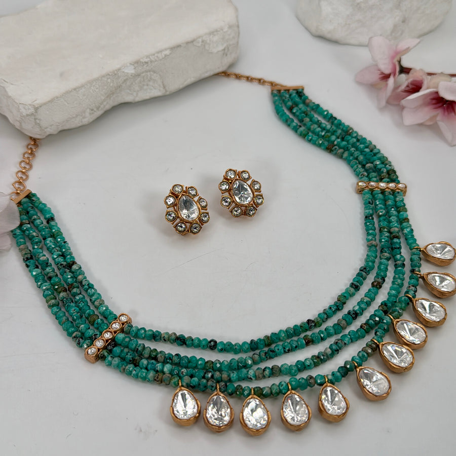 Turquoise Stone Pearls & Moissanite Necklace Set